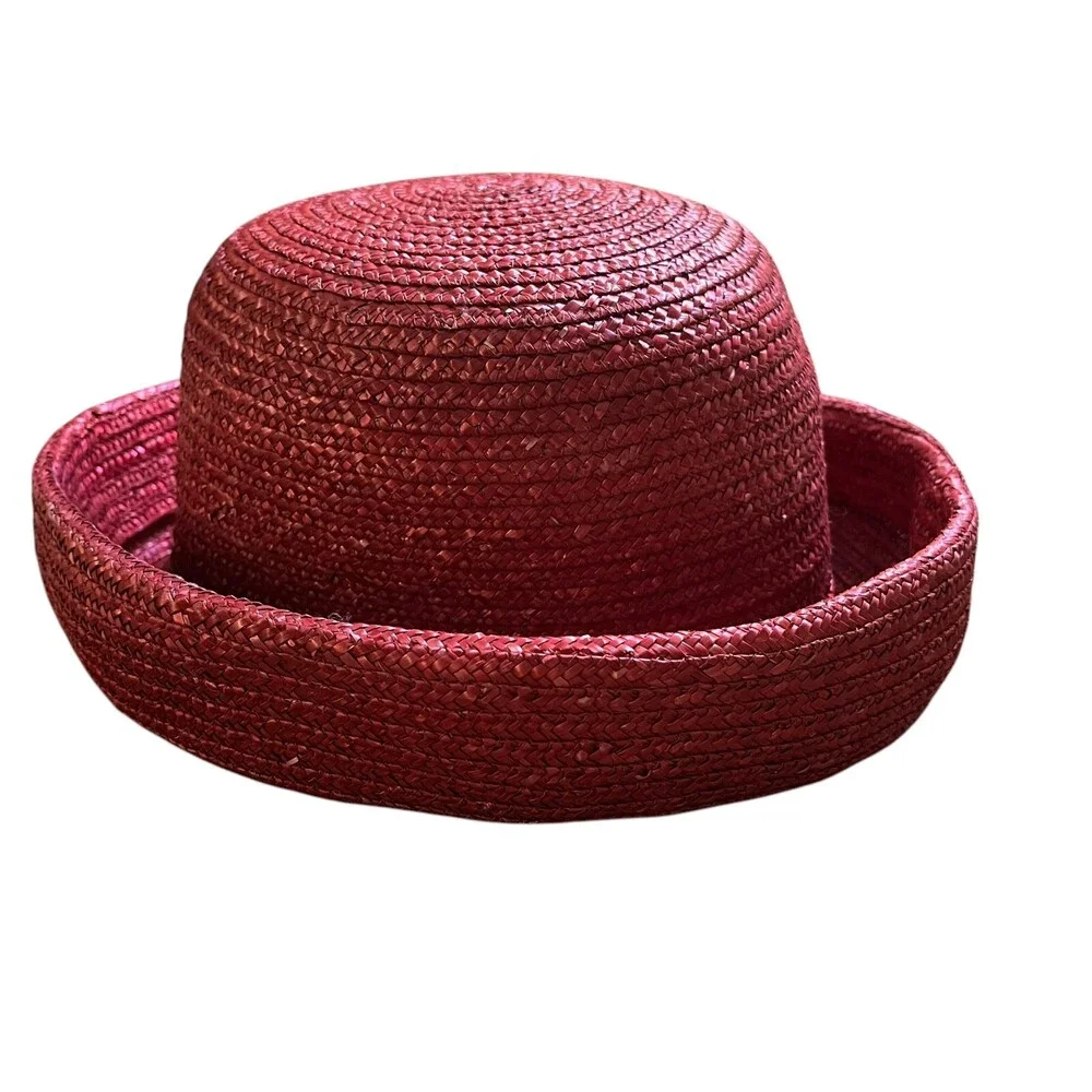 VTG Laura Ashley Italy Cloche Summer Rolled Brim 90s Red Pink Raffia Straw Hat